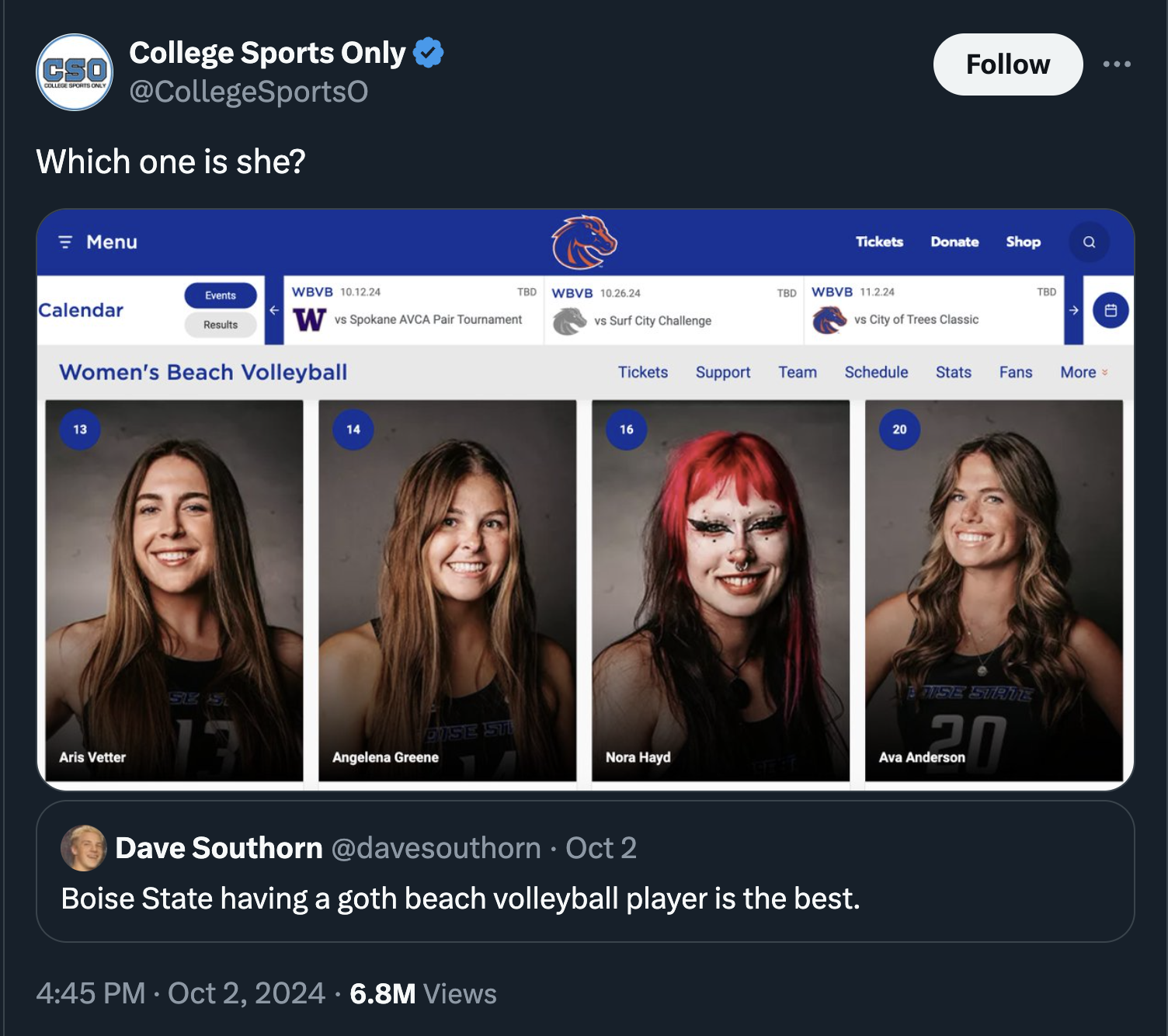 screenshot - Cso College Sports Only Which one is she? Menu Tickets Donate Shop Ted Wbvb 11334 City of Trees Classic Tickets Support Team Schedule Stats Fans More Wbvs 10.13.4 Wbvb 18.3. Calendar W vs Sockane Avca Pair Tournament va Surf City Chalenge Wom